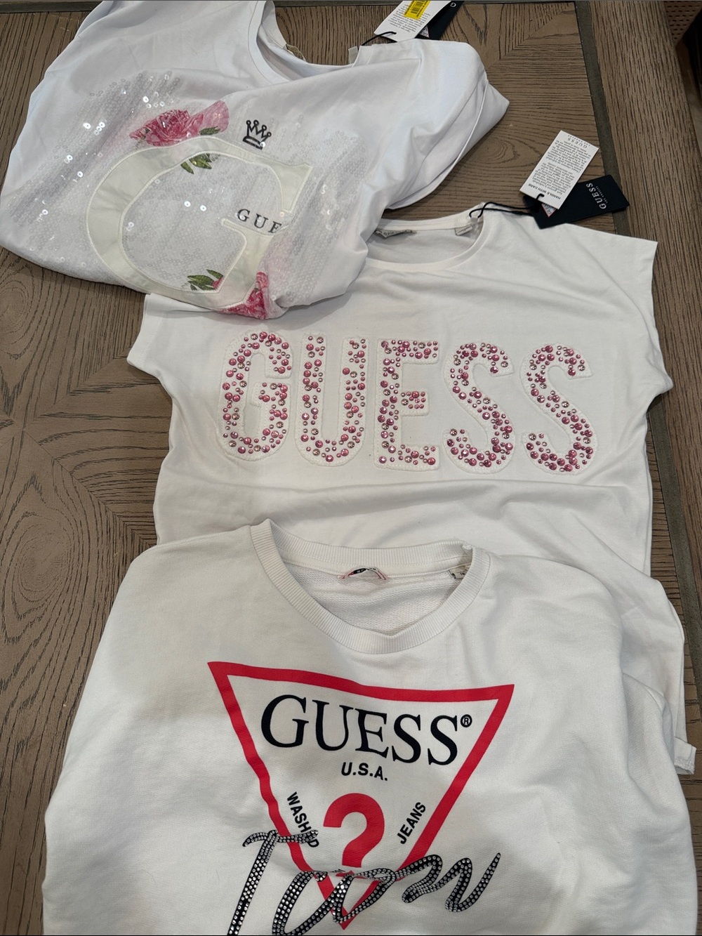 BUNDLE-3 tops Guess White Tee with Pink Embellished Logo